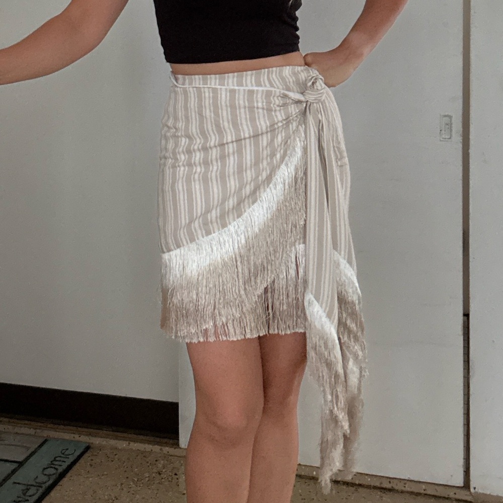 L'Academie Beige Asymmetrical Fringe Skirt